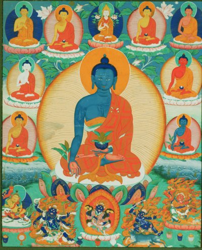 Thangka painting depicting the Baishajyaguru, Menla with seven other Medicine Buddhas by Tibetan School
